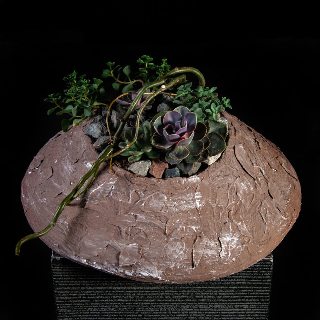 Кашпо из гипса с лавровыми листьями. В композиции используются суккуленты, ветки корилуса.
Работа студента Kazanflowerschool.